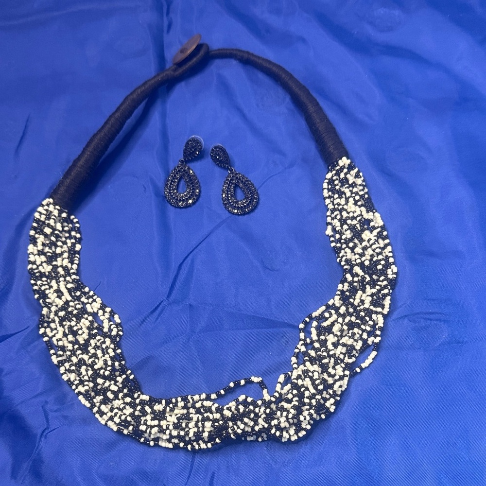 Elegant Black and White Beaded Necklace‎ and Earring Set